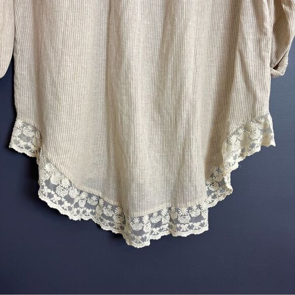 Umgee Cotton Blend Beige White Stripe Lace Trim Button Front Shirt XL - Picture 13 of 15